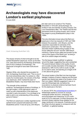 Archaeologists May Have Discovered London's Earliest Playhouse 10 June 2020