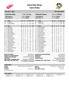 Detroit Red Wings Game Notes