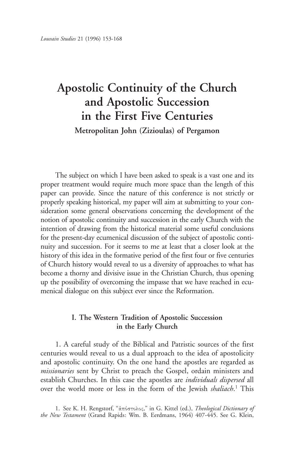 Apostolic Continuity of the Church and Apostolic Succession in the First Five Centuries Metropolitan John (Zizioulas) of Pergamon