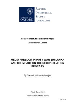Media Freedom in Post War Sri Lanka and Its Impact on the Reconciliation Process