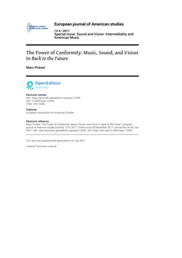 European Journal of American Studies, 12-4 | 2017 the Power of Conformity: Music, Sound, and Vision in Back to the Future 2