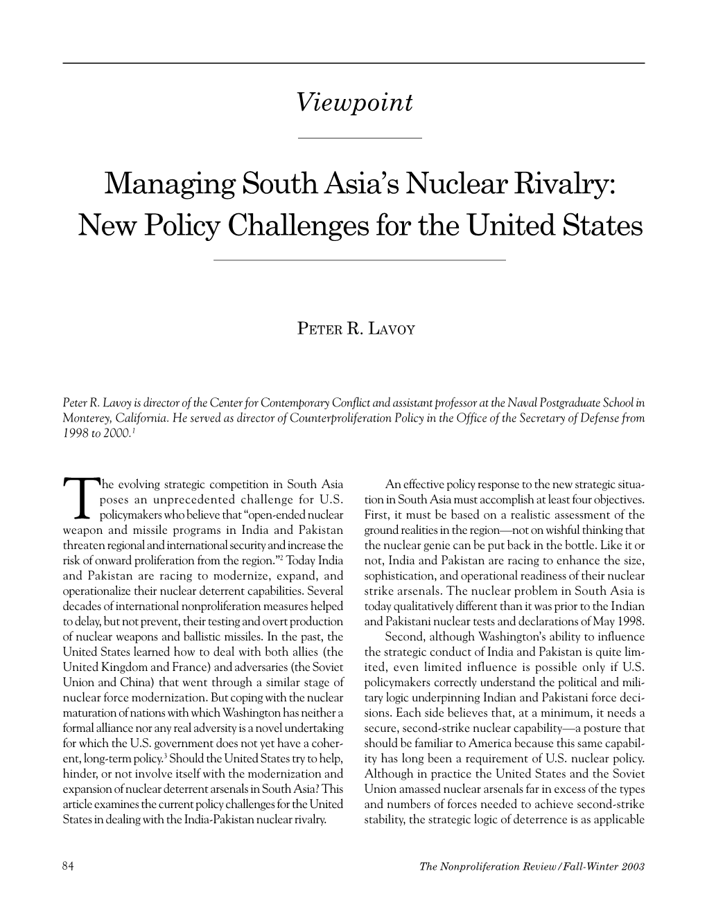 Managing South Asia's Nuclear Rivalry