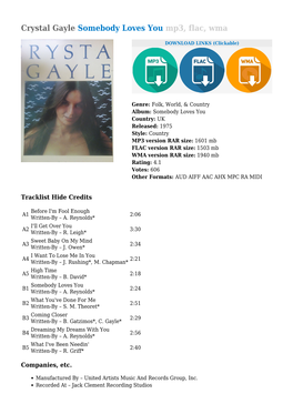 Crystal Gayle Somebody Loves You Mp3, Flac, Wma