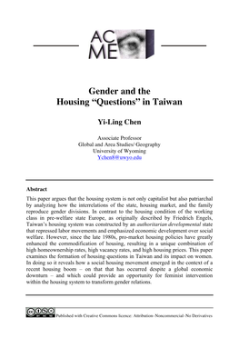 Gender and the Housing “Questions” in Taiwan