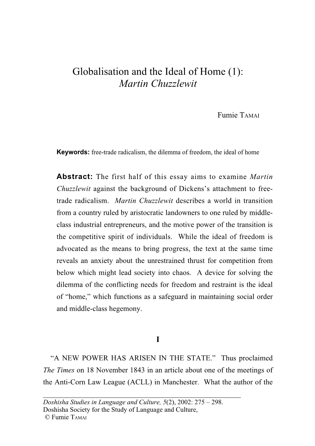 Globalisation and the Ideal of Home (1): Martin Chuzzlewit 275