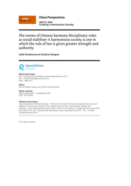 The Norms of Chinese Harmony Disciplinary Rules As Social Stabiliser a Harmonious Society Is One in Which the Rule of Law Is Given Greater Strength and Authority