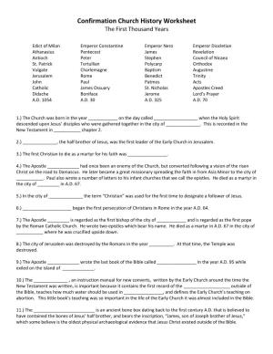 Confirmation Church History Worksheet the First Thousand Years