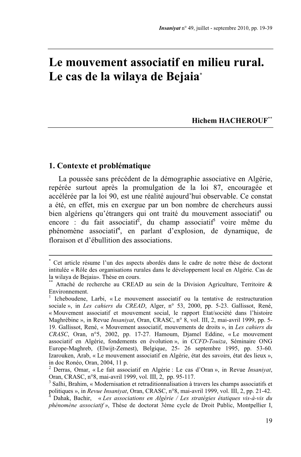 Le Mouvement Associatif En Milieu Rural. Le Cas De La Wilaya De Bejaia*