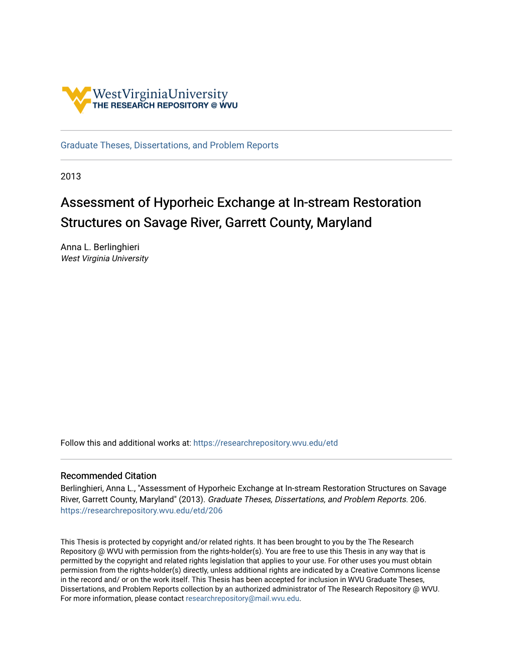 Assessment of Hyporheic Exchange at In-Stream Restoration Structures on Savage River, Garrett County, Maryland