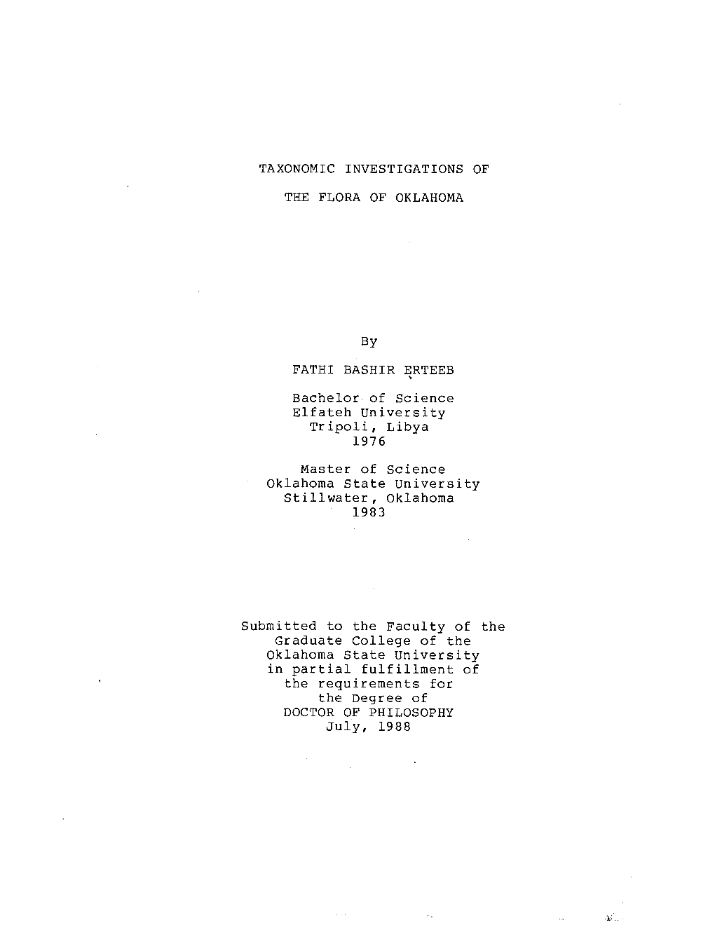 TAXONOMIC INVESTIGATIONS of the FLORA of OKLAHOMA By