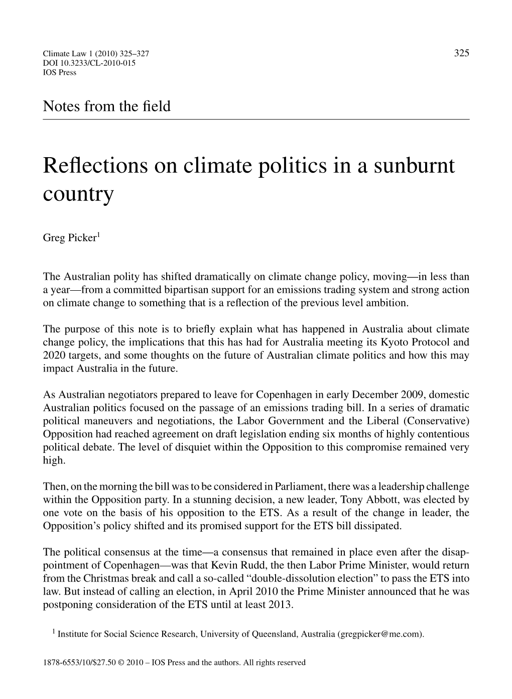 Reflections on Climate Politics in a Sunburnt Country