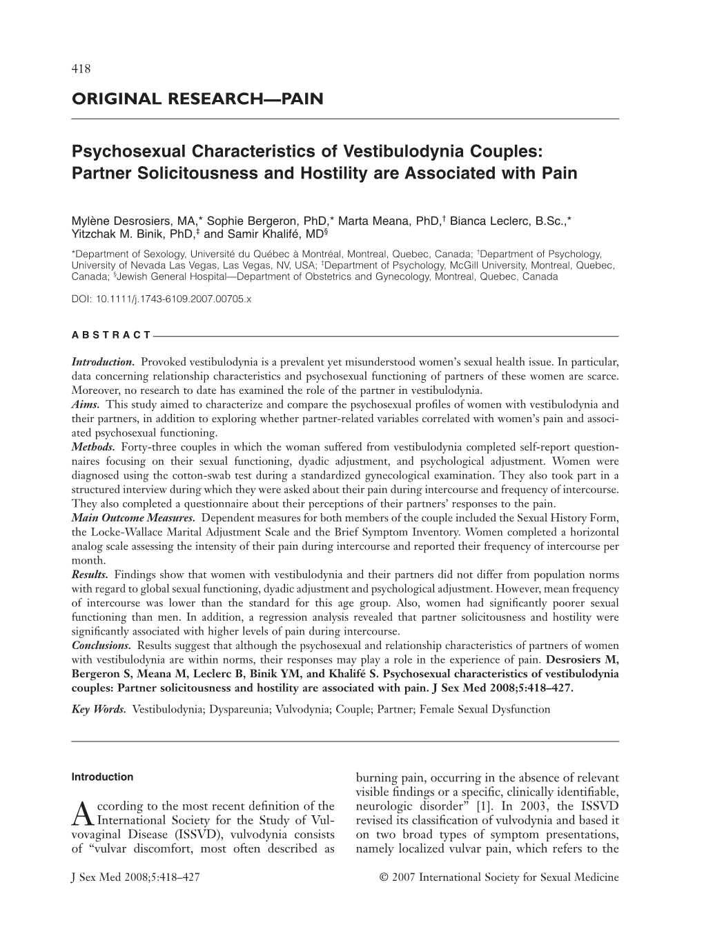 Psychosexual Characteristics of Vestibulodynia Couples: Partner Solicitousness and Hostility Are Associated with Pain