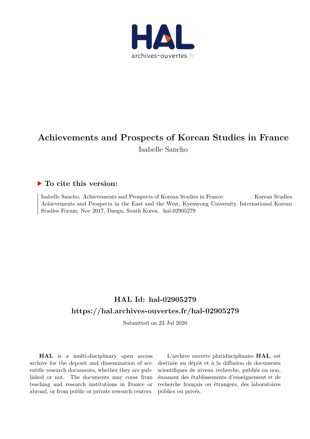 Achievements and Prospects of Korean Studies in France Isabelle Sancho