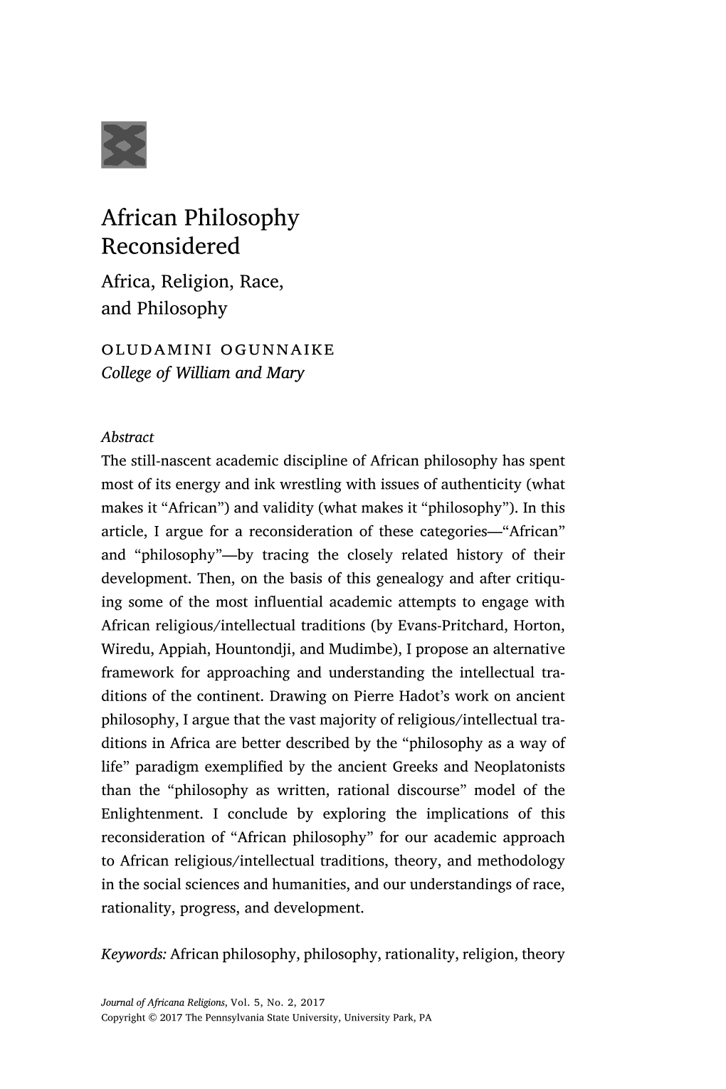 African Philosophy Reconsidered (Ogunnaike)
