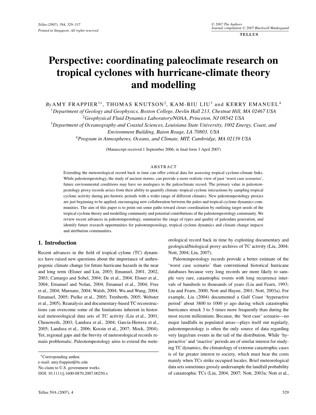 Coordinating Paleoclimate Research on Tropical Cyclones with Hurricane-Climate Theory and Modelling