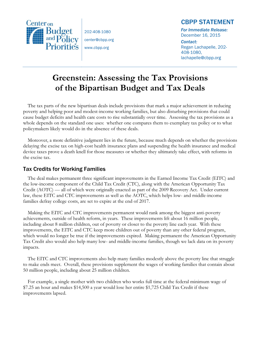 Greenstein: Assessing the Tax Provisions of the Bipartisan Budget and Tax Deals