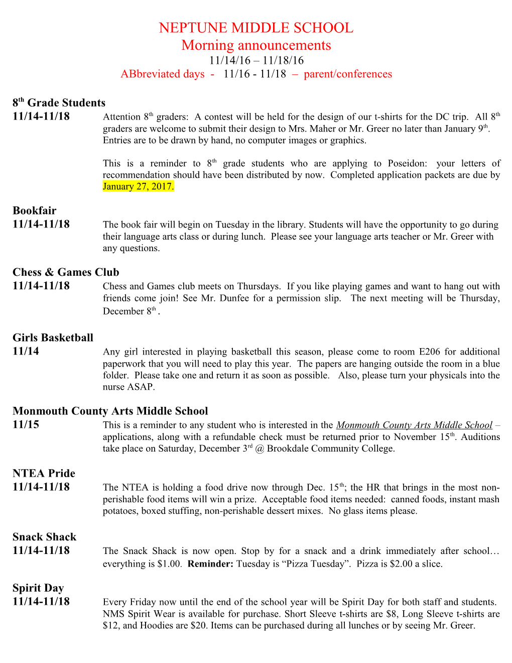 Abbreviated Days - 11/16 - 11/18 Parent/Conferences