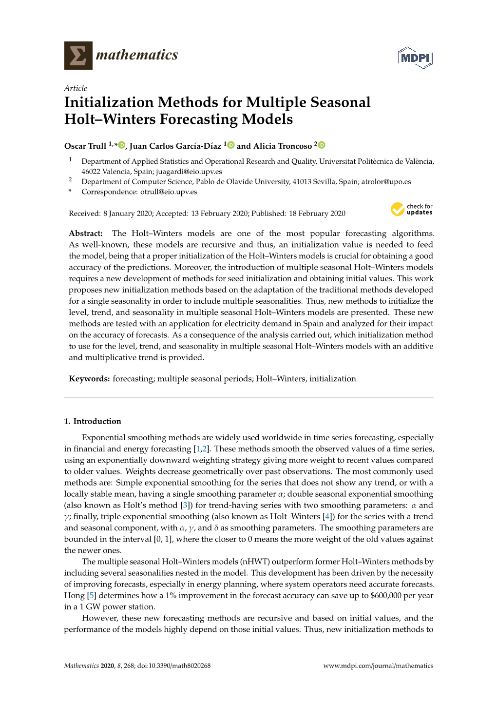 Initialization Methods for Multiple Seasonal Holt–Winters Forecasting Models