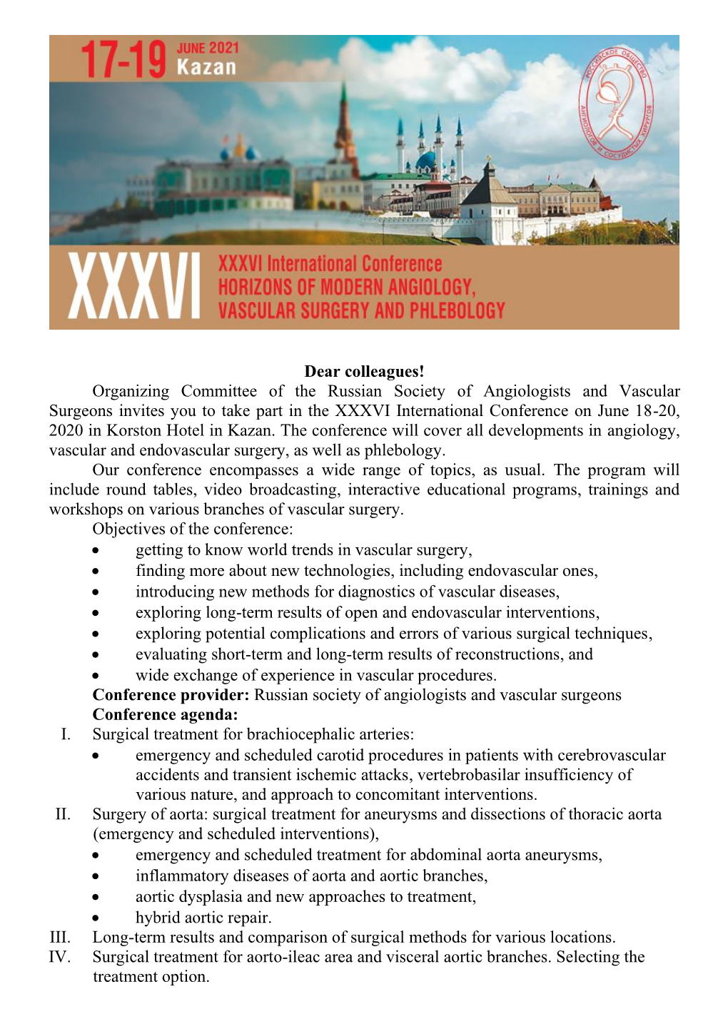Russian Society of Angiologists and Vascular Surgeons Invites You to Take Part in the XXXVI International Conference on June 18-20, 2020 in Korston Hotel in Kazan