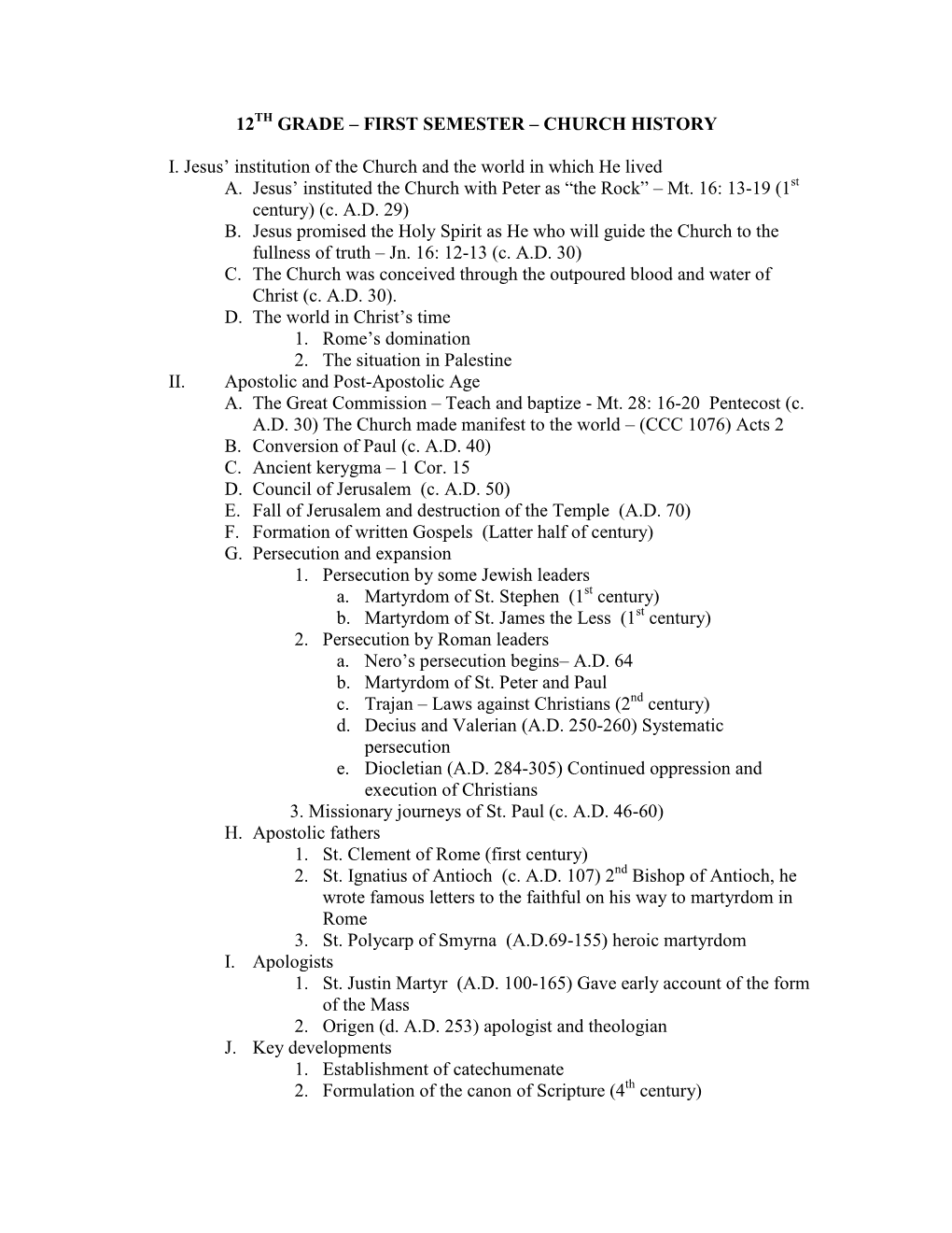 12TH Grade- Church History Outline