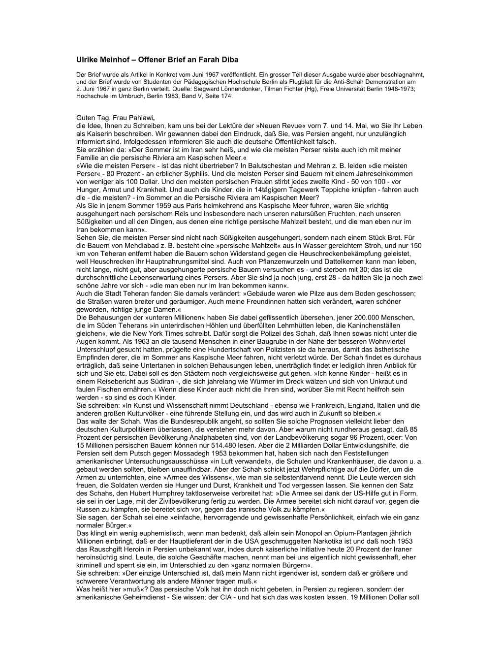 Ulrike Meinhof – Offener Brief an Farah Diba