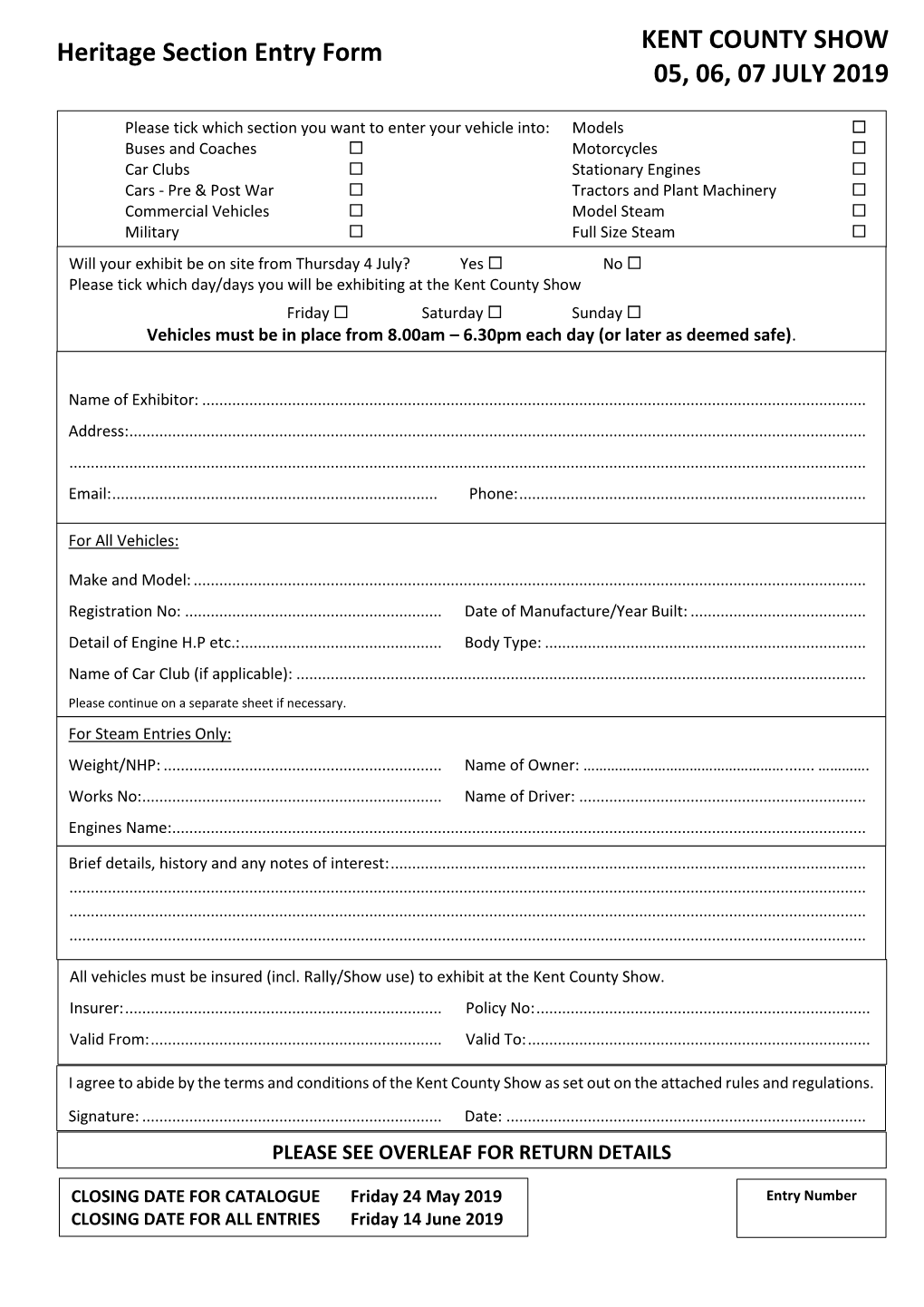 Heritage Section Entry Form KENT COUNTY SHOW 05, 06, 07 JULY 2019