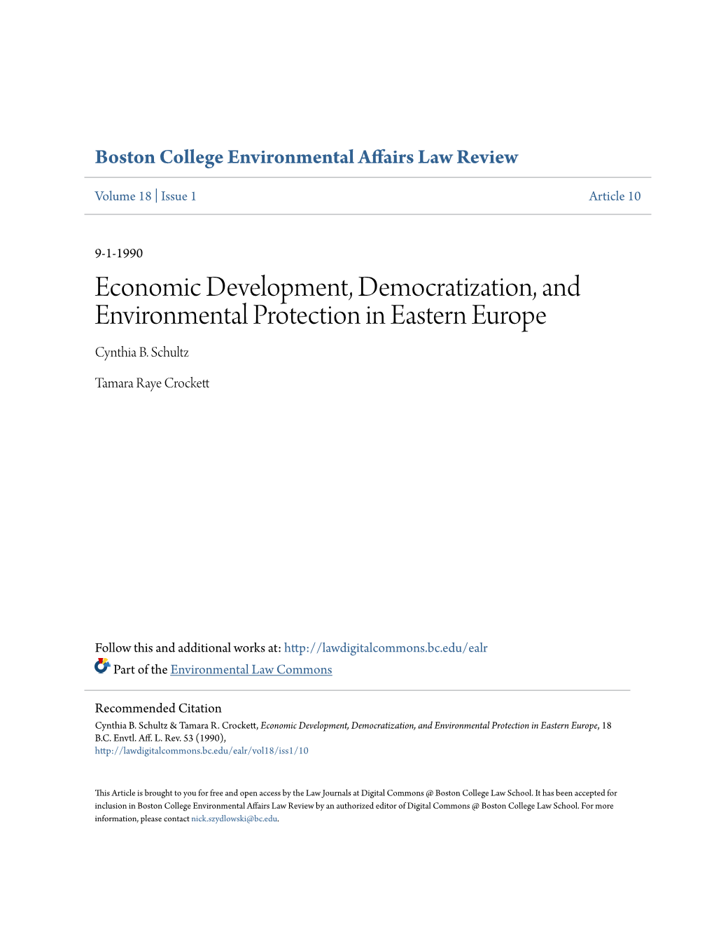 Economic Development, Democratization, and Environmental Protection in Eastern Europe Cynthia B