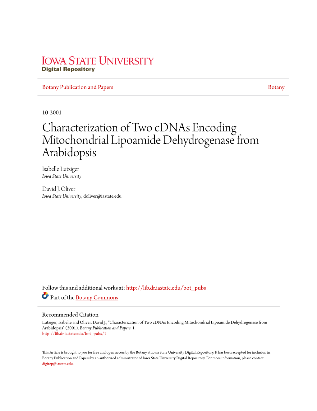 Characterization of Two Cdnas Encoding Mitochondrial Lipoamide Dehydrogenase from Arabidopsis Isabelle Lutziger Iowa State University