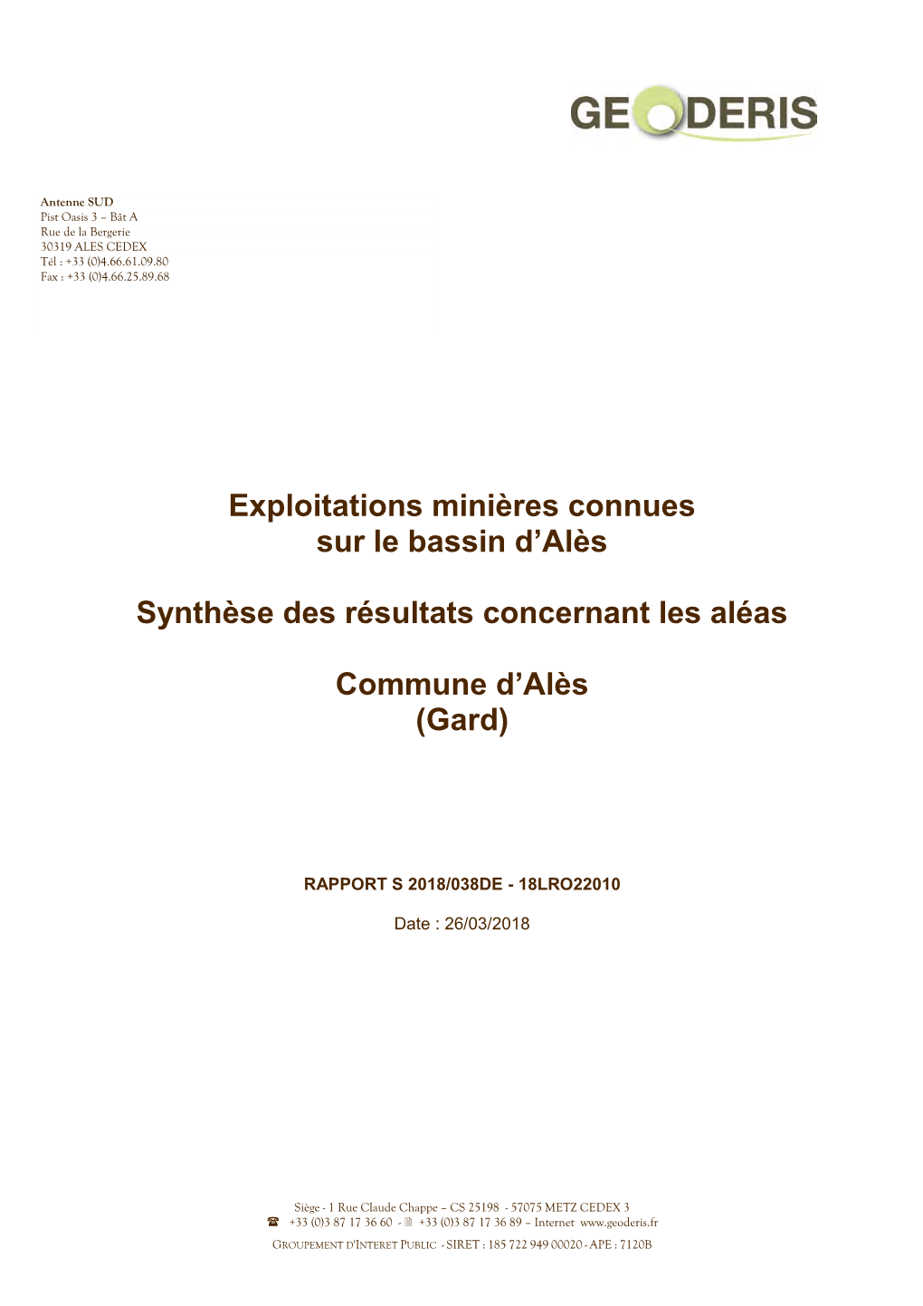 Exploitations Minières Connues Sur Le Bassin D'alès Synthèse Des