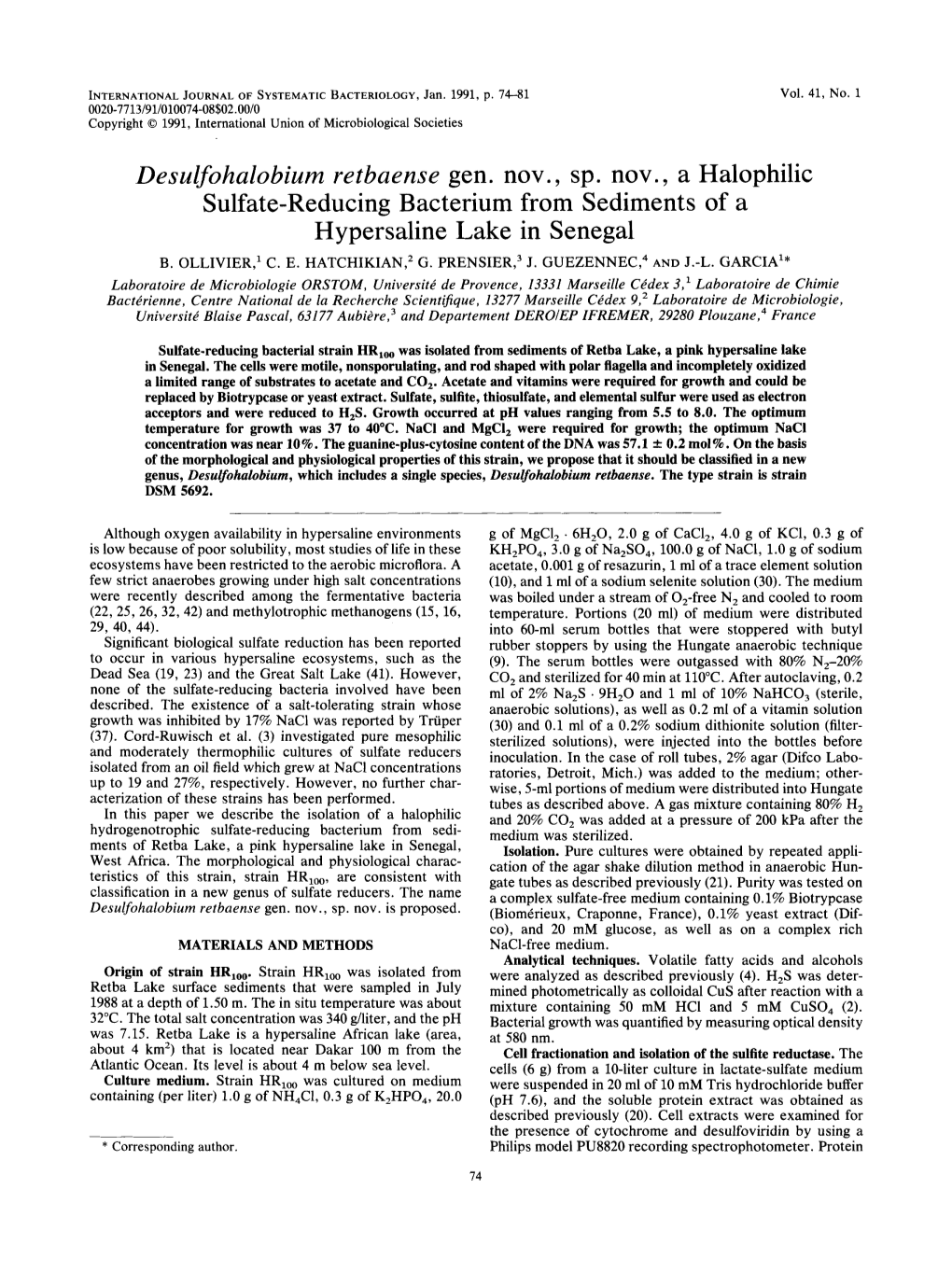 Desulfohalobium Retbaense Gen. Nov. Sp. Nov. a Halophilic Sulfate-Reducing Bacterium from Sediments of a Hypersaline Lake in Senegal