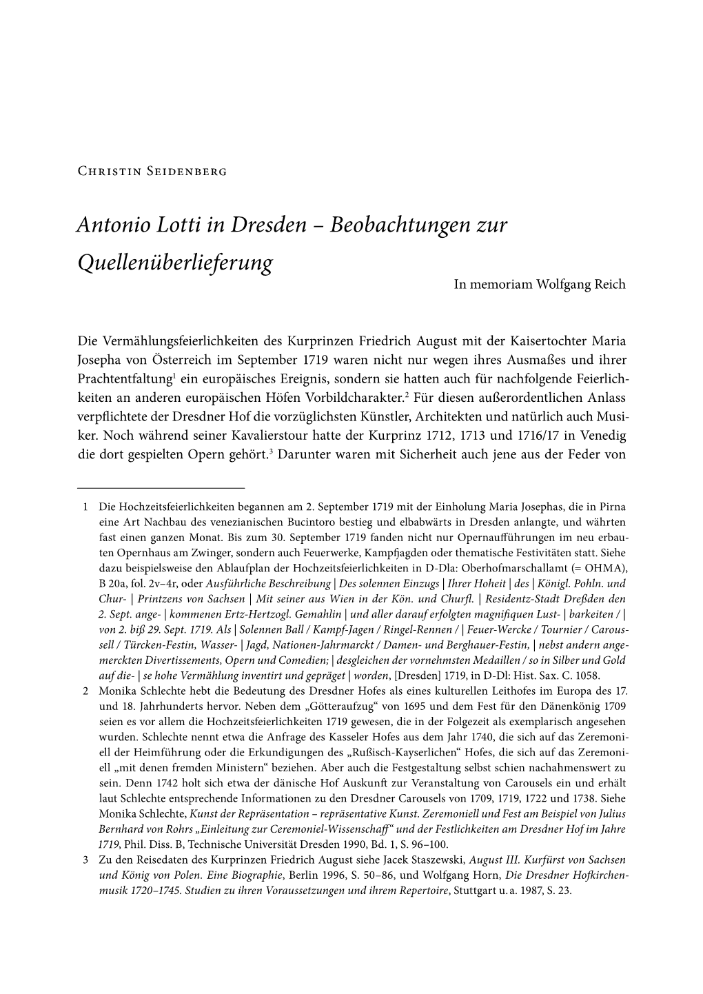 Antonio Lotti in Dresden – Beobachtungen Zur Quellenüberlieferung in Memoriam Wolfgang Reich