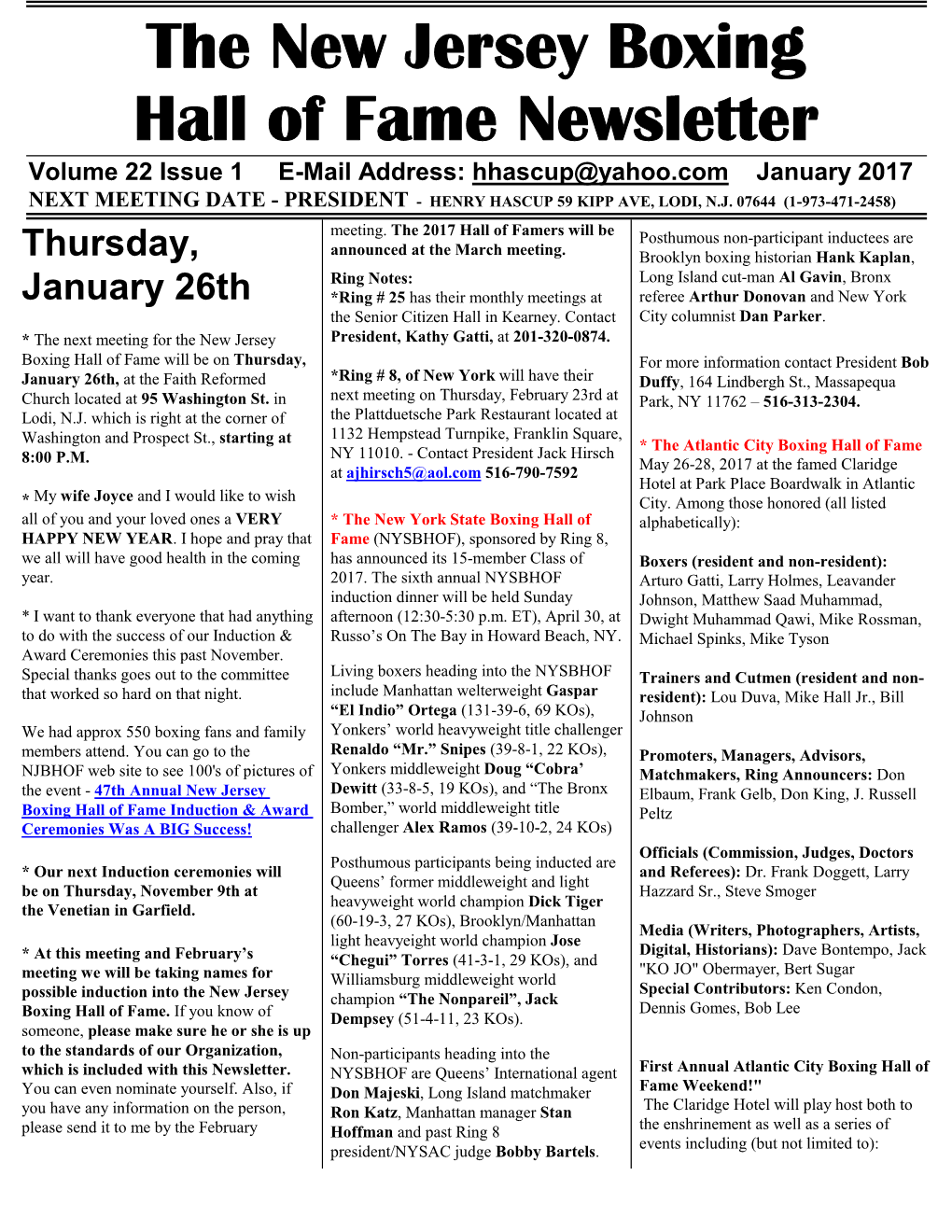 N.J. Boxing Hall of Fame Newsletter January 2017