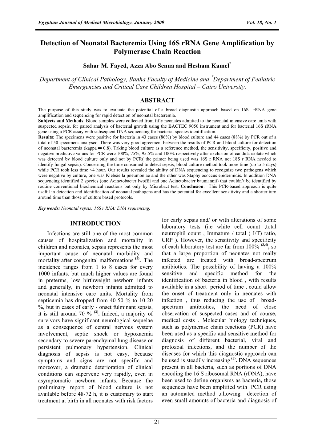 Detection of Neonatal Bacteremia Using 16S Rrna Gene Amplification by Polymerase Chain Reaction