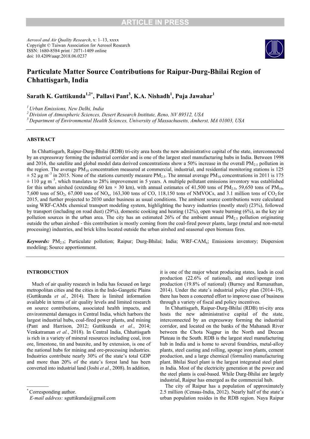 Particulate Matter Source Contributions for Raipur-Durg-Bhilai Region of Chhattisgarh, India