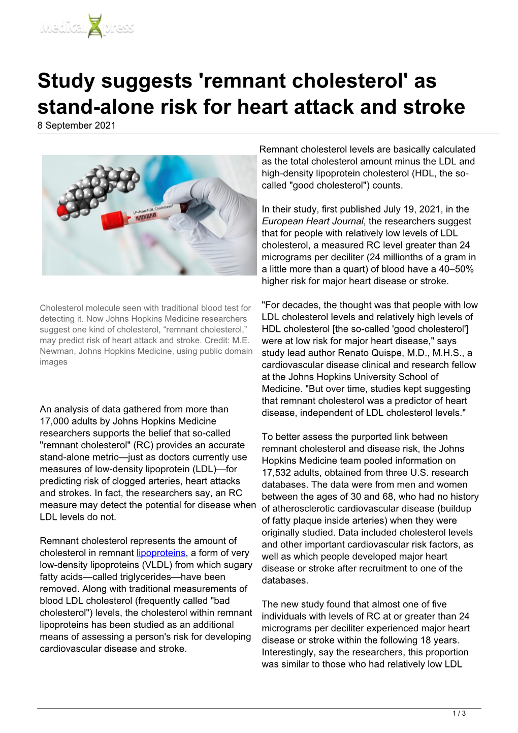 'Remnant Cholesterol' As Stand-Alone Risk for Heart Attack and Stroke 8 September 2021