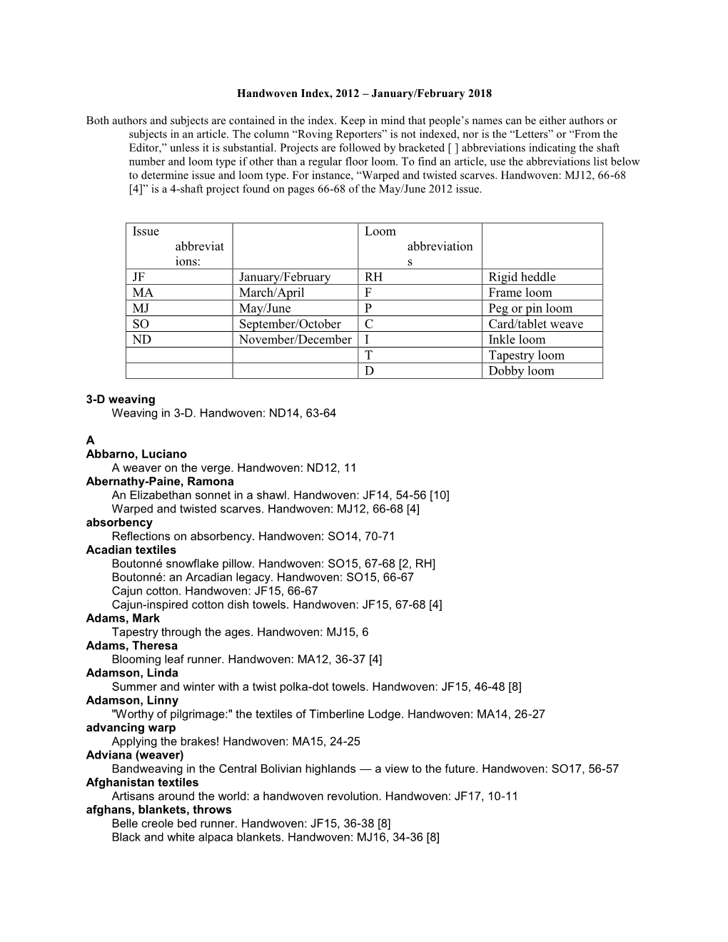 Loom Abbreviation S JF January/February RH