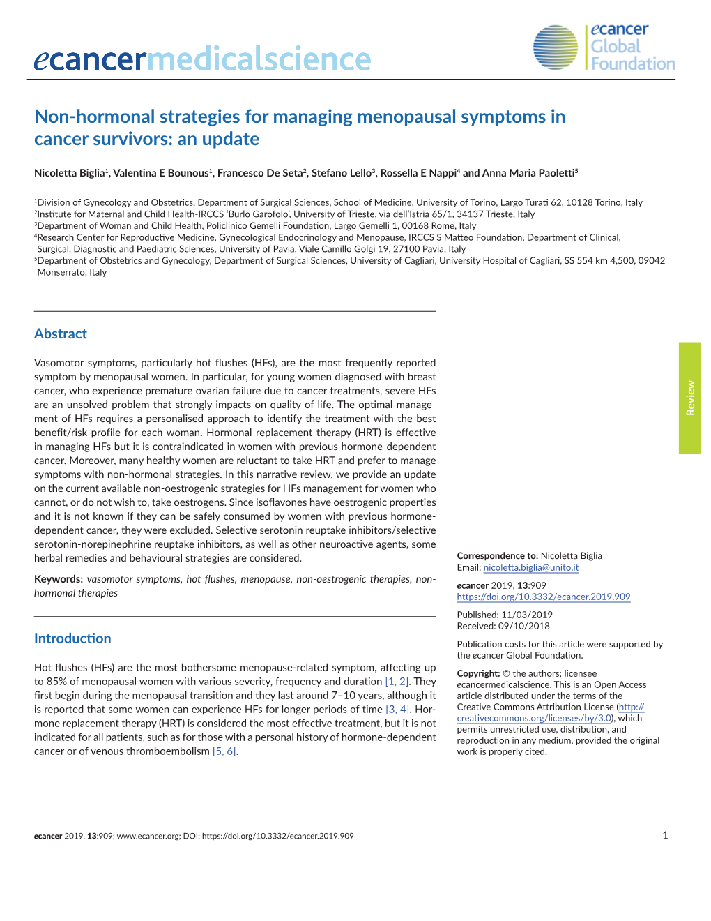 Non-Hormonal Strategies for Managing Menopausal Symptoms in Cancer Survivors: an Update