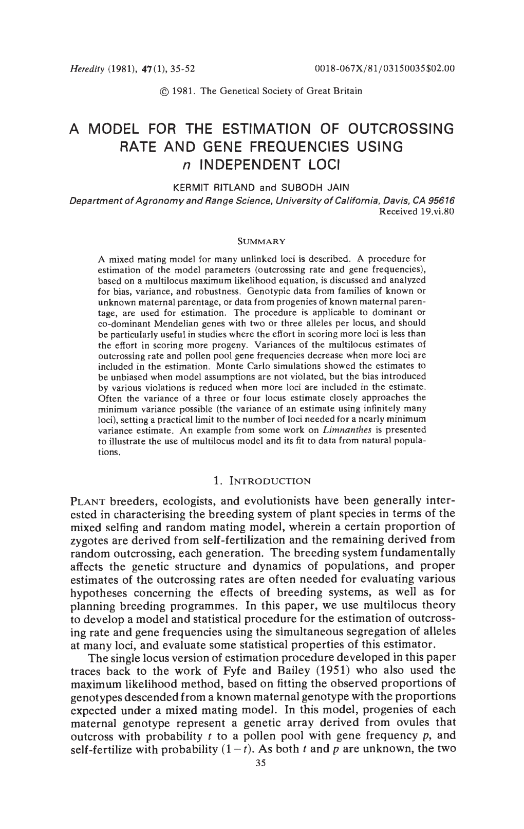 A Model for the Estimation of Outcrossing