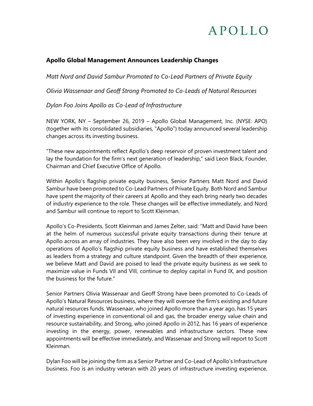 Apollo Global Management Announces Leadership Changes