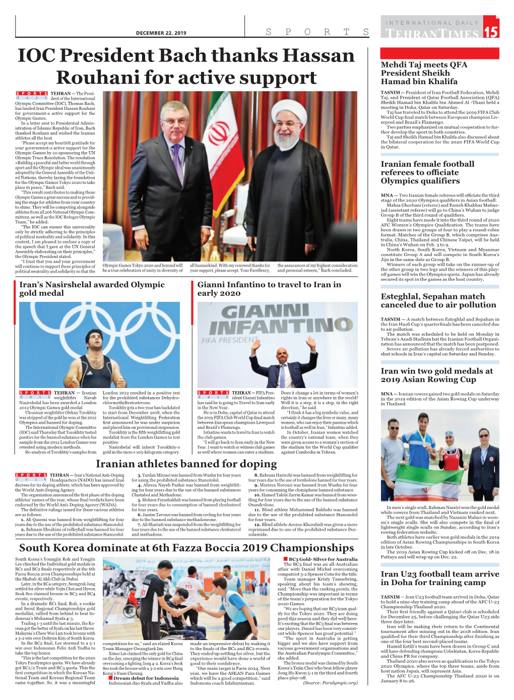 IOC President Bach Thanks Hassan Rouhani for Active Support
