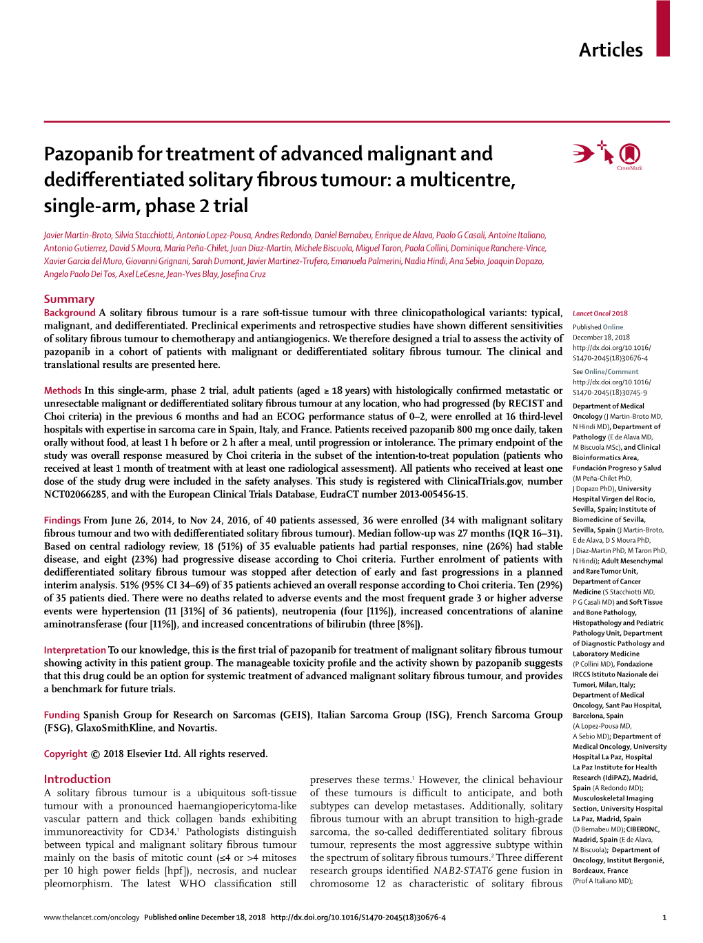 Pazopanib for Treatment of Advanced Malignant and Dedifferentiated Solitary Fibrous Tumour: a Multicentre, Single-Arm, Phase 2 Trial