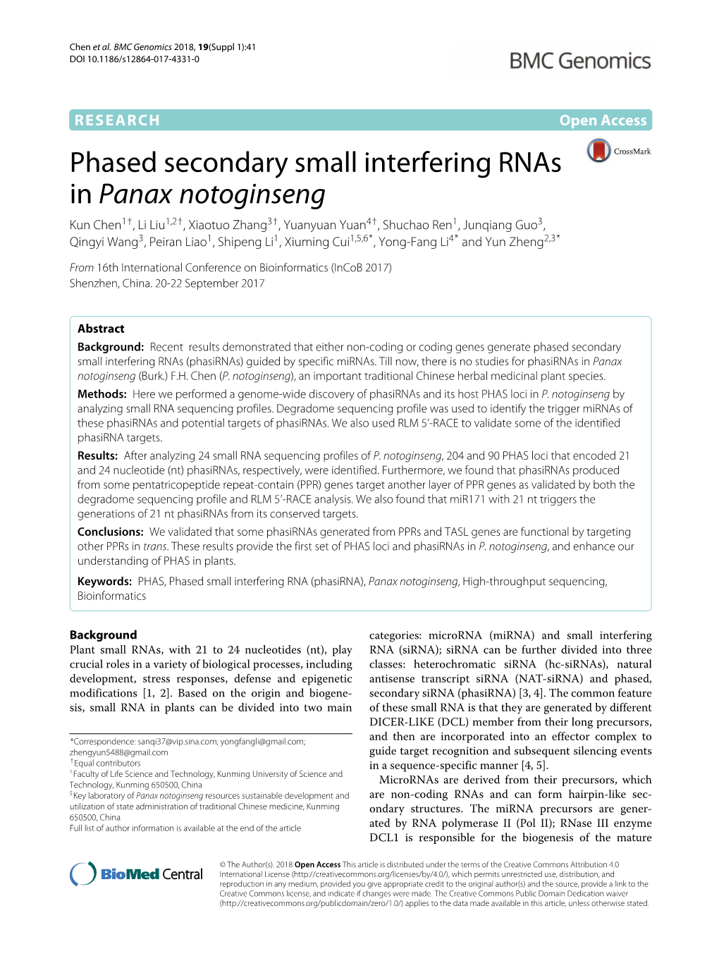 Phased Secondary Small Interfering Rnas in Panax Notoginseng