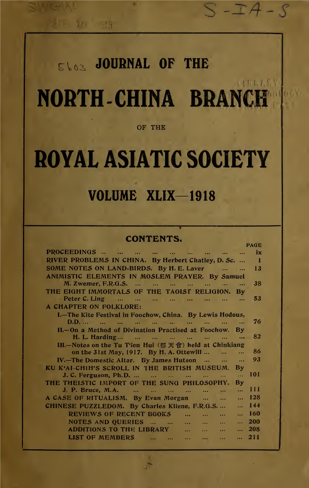 Journal of the North-China Branch of the Royal Asiatic Society for the Year