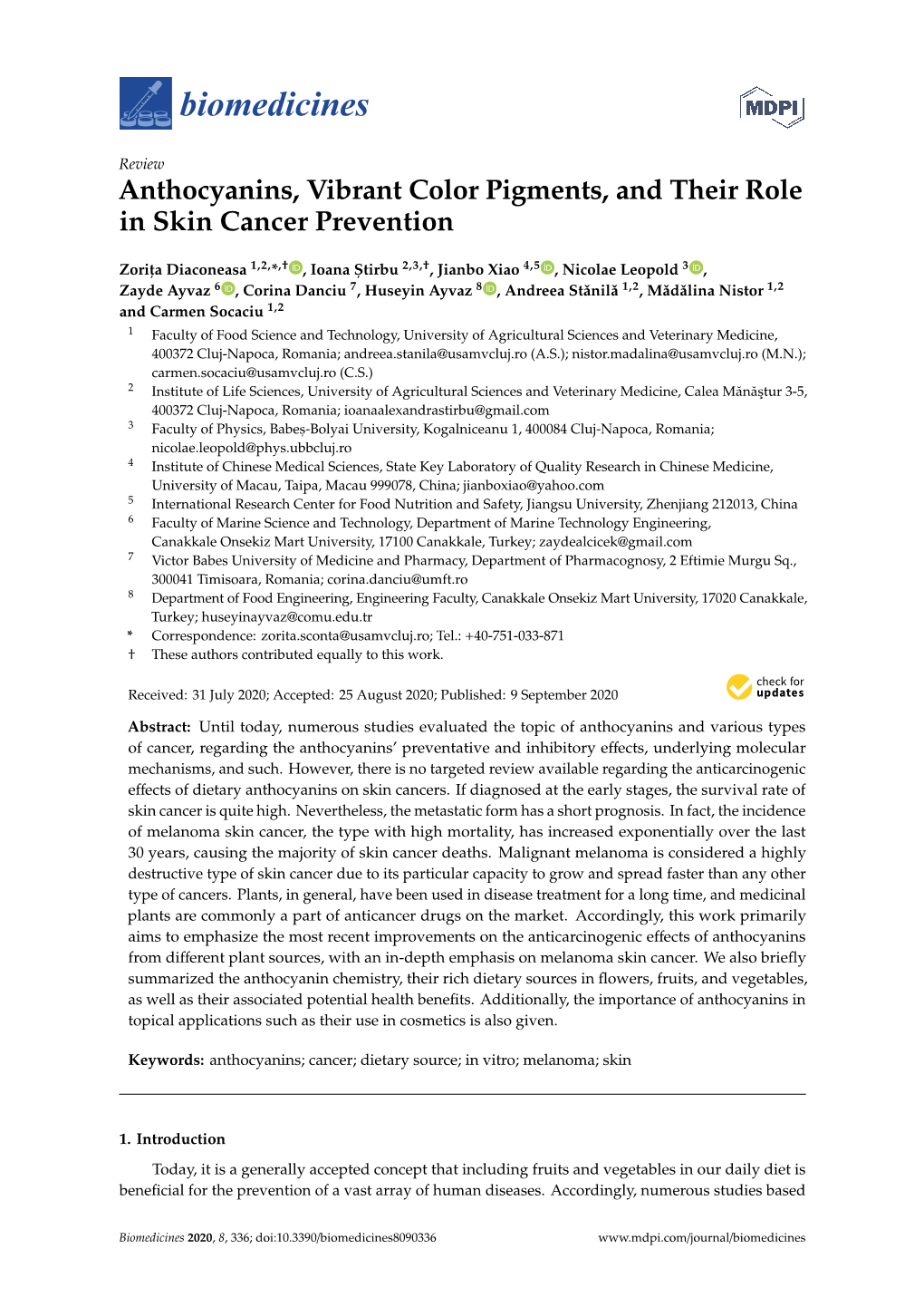 Anthocyanins, Vibrant Color Pigments, and Their Role in Skin Cancer Prevention