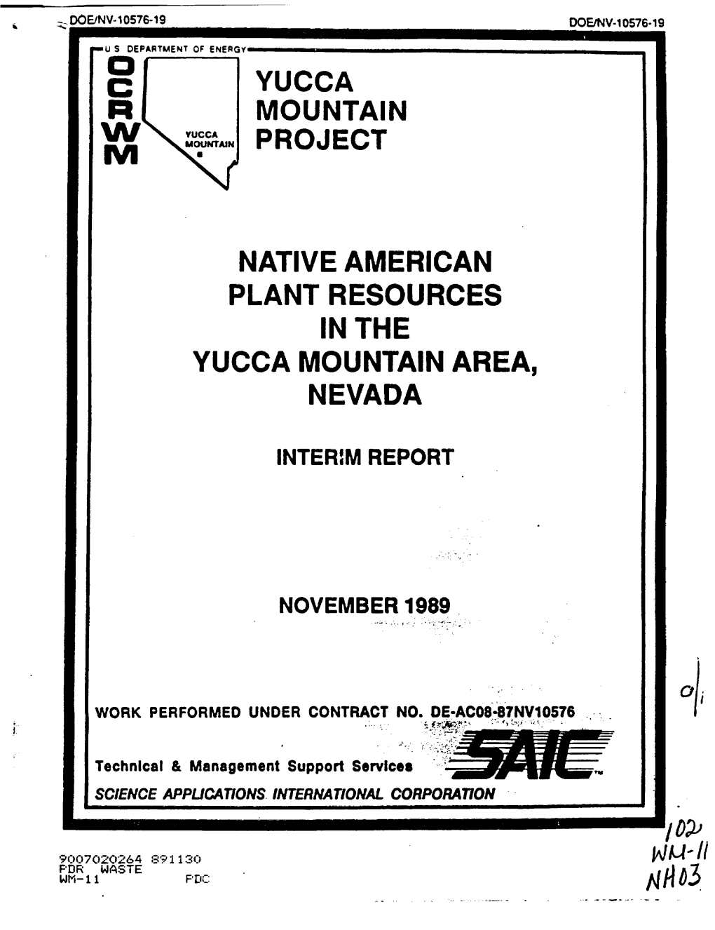 Native American Plant Resources in the Yucca Mountain Area, Nevada, Interim Report