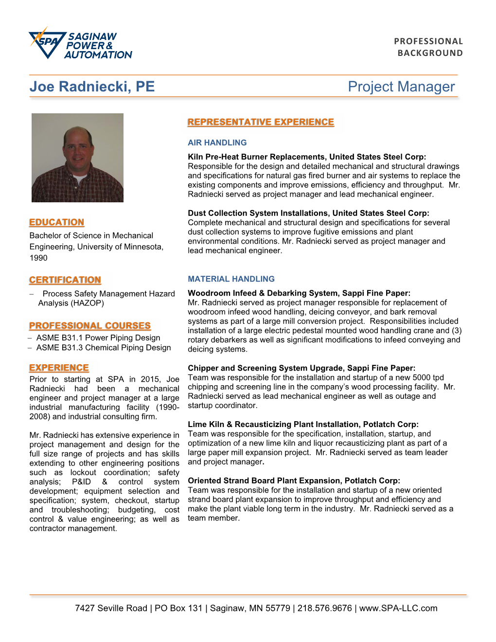 Joe Radniecki, PE Project Manager