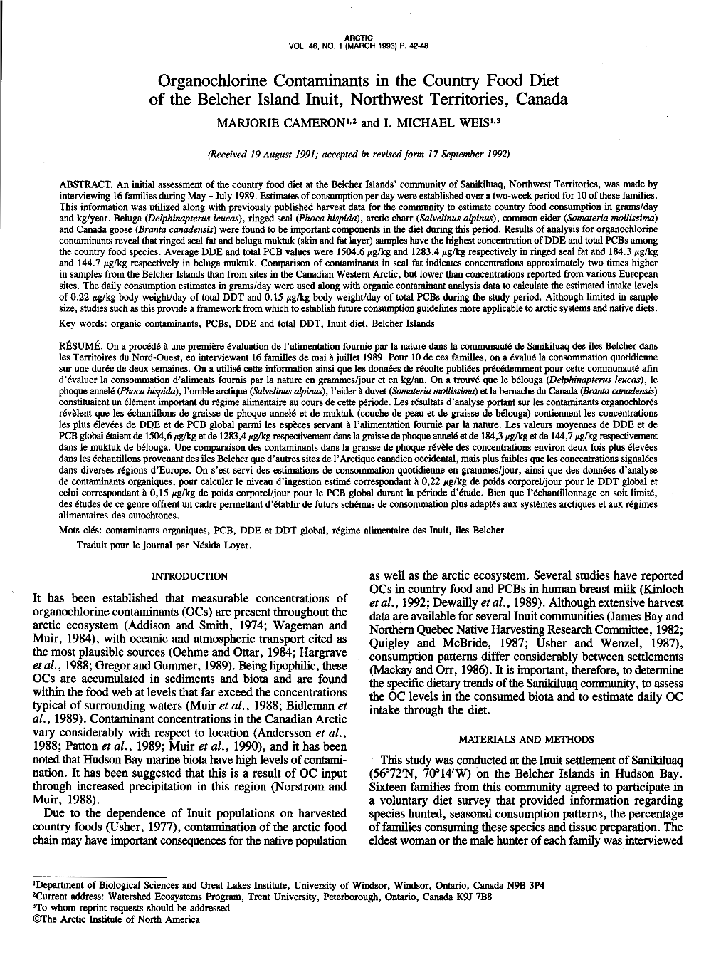 Organochlorine Contaminants in the Country Food Diet of the Belcher Island Inuit, Northwest Territories, Canada