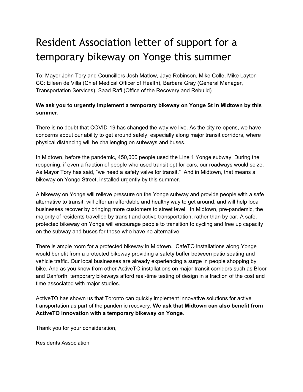 Resident Association Letter of Support for a Temporary Bikeway on Yonge This Summer