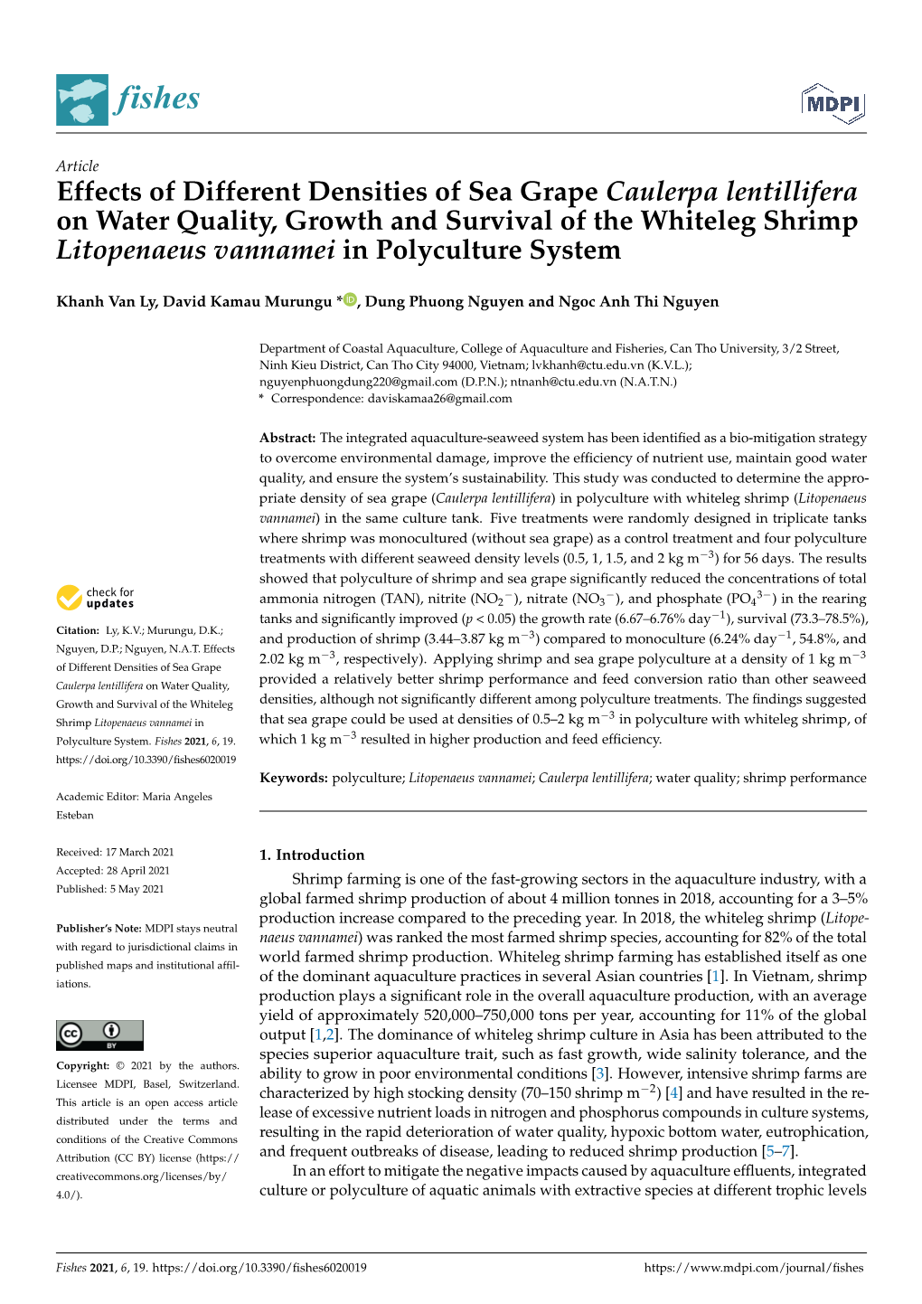 Effects of Different Densities of Sea Grape Caulerpa Lentillifera