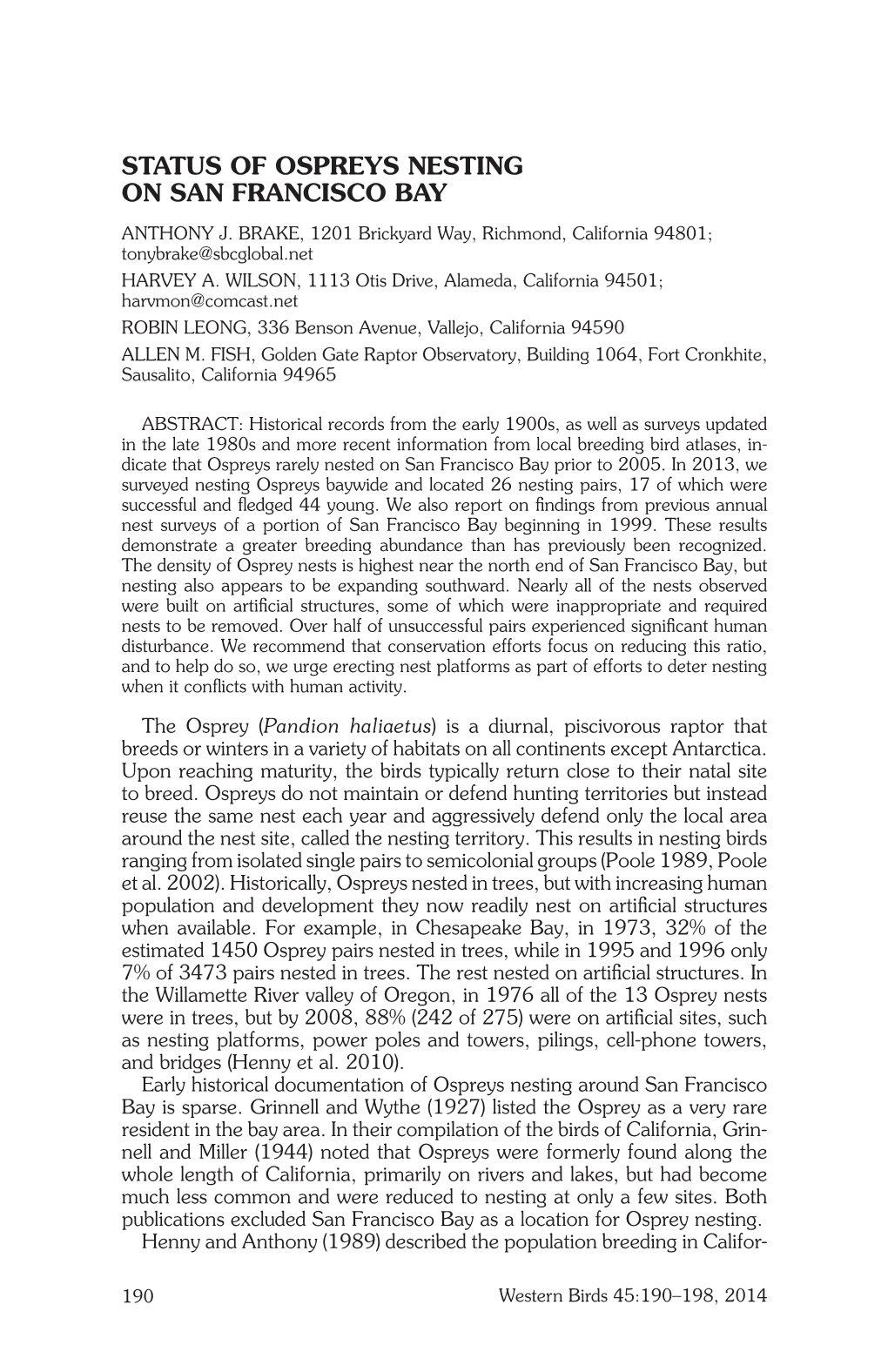 Status of Ospreys Nesting on San Francisco Bay ANTHONY J